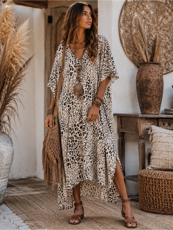 entro Dresses & Skirts - Entro Leopard Print Satin Caftan Dress | V-Neck | Flowy, size small oversized